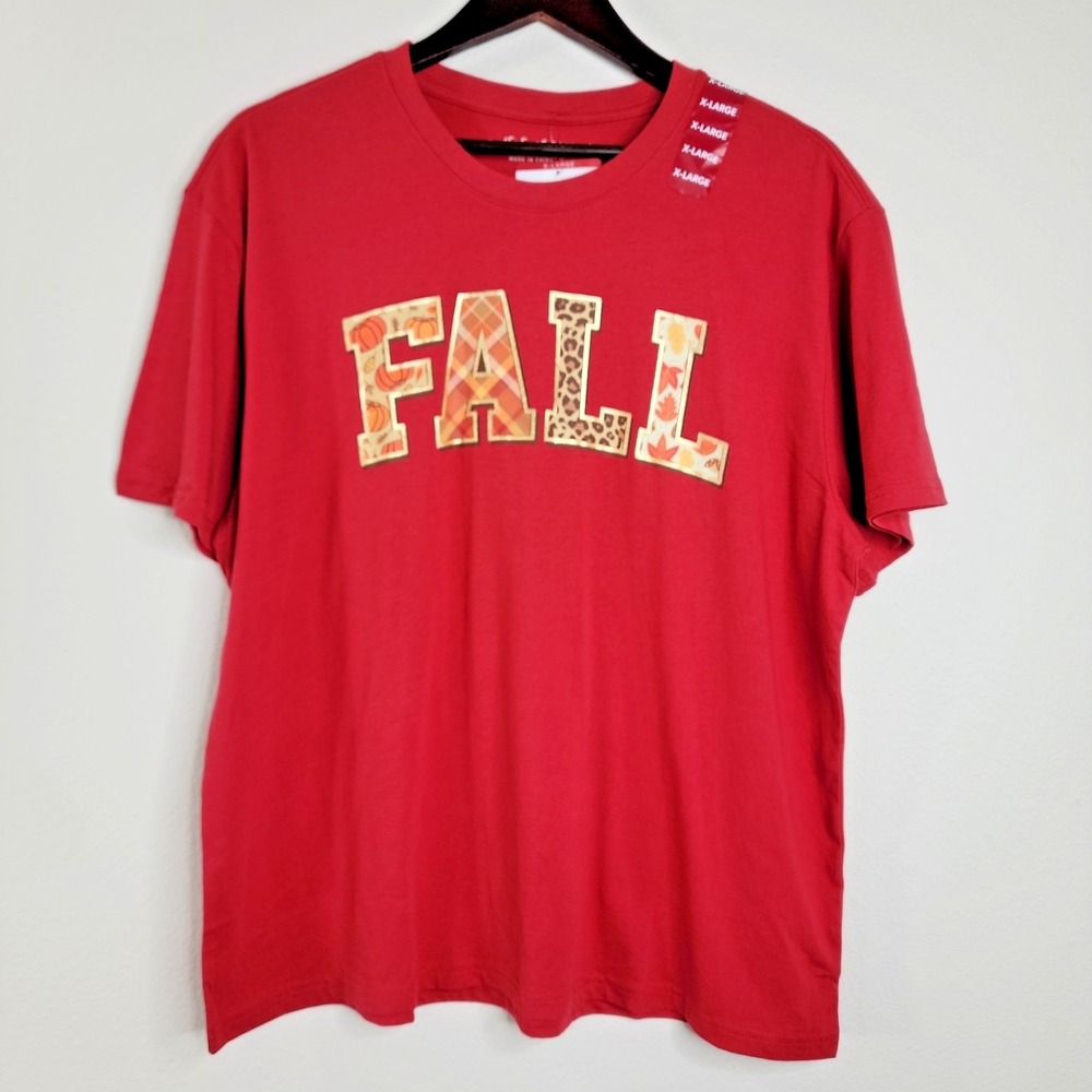 State of Mine Womens XL Fall Graphic T Shirt Red Short Sleeve Autumn Harvest NWT